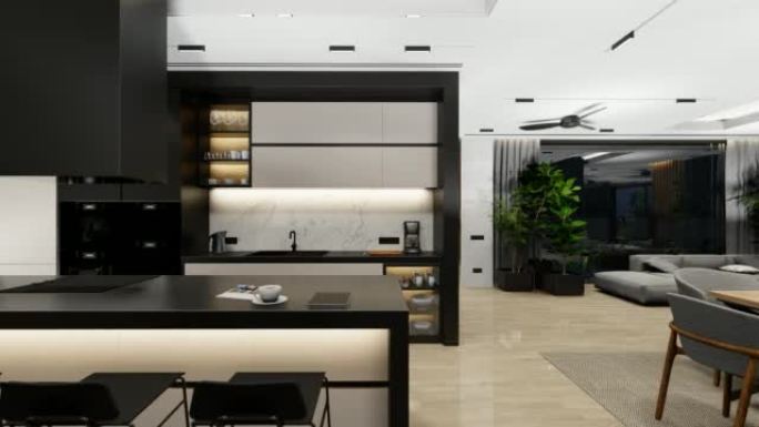 4k现代舒适室内视频，配有生活、用餐区、楼梯和厨房