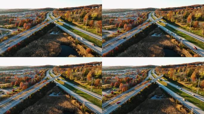 下午的空中，无人机，纽约17号公路的视频，位于纽约伍德伯里的diamond interchange 