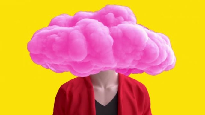穿着衣服的男人的身体，头上有粉红色的云。创意现代定格风格的现实3d艺术构图。最小抽象图形概念设计。时