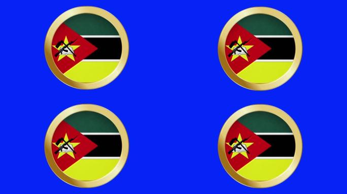 莫桑比克国旗弹出式的金色金属圆环国旗动画背景孤立的绿色屏幕背景可循环股票视频