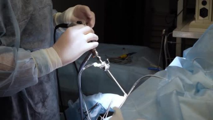 外科医生在麻醉下对动物进行关节镜检查。兽医在关节腔内安装摄像机，以检查关节表面。动物关节镜检查的概念