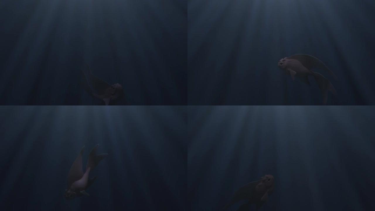 一只抽象孤独美丽的鱼在水下游泳的特写镜头。设计。海洋中的现实海洋动物，阳光透过水面照射。