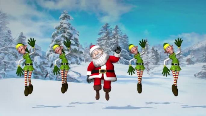 有趣的圣诞老人和精灵在圣诞冬季森林里跳舞。圣诞节和新年的概念。无缝循环。