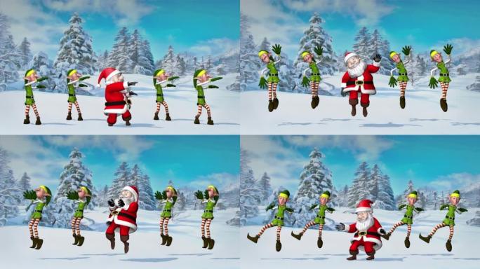 有趣的圣诞老人和精灵在圣诞冬季森林里跳舞。圣诞节和新年的概念。无缝循环。