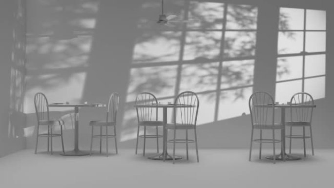 鲜明的白色空咖啡馆，配有椅子、桌子和吊扇循环背景