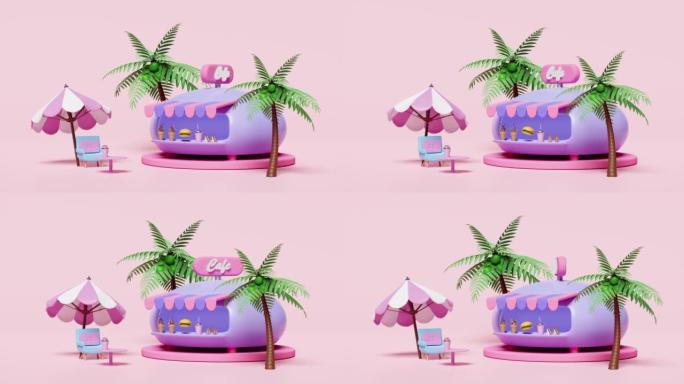 3d动画，商店咖啡厅3d冰淇淋，咖啡桌，雨伞，汉堡包或汉堡，三明治，玻璃伞，棕榈树，孤立在粉红色背景