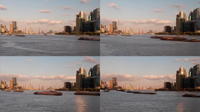 上海杨浦大桥和外滩标志性建筑在晴朗的阴天从浦西观看，船只在黄浦江上航行，延时4k镜头，b滚动镜头。