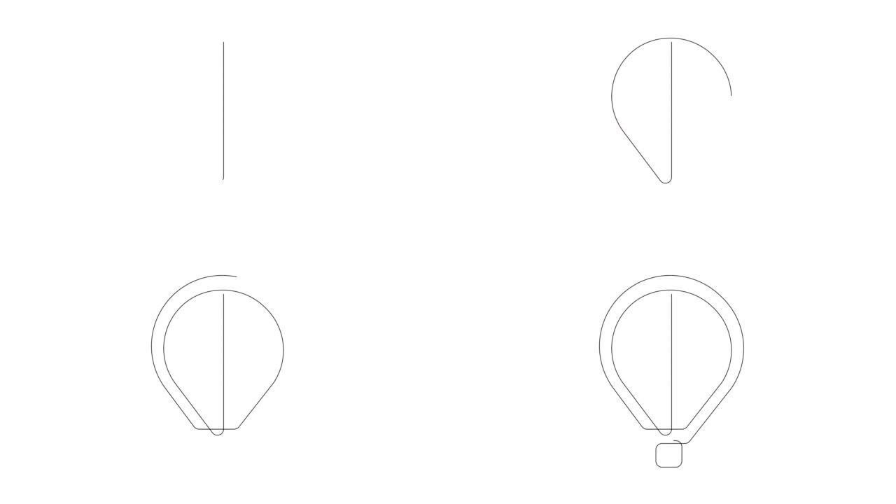一条线的自画动画绘制带有条纹图案的热气球和一个乘客篮飞向天空。度假体验。连续画线。全长动画。