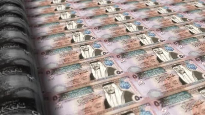 约旦，约旦第纳尔印刷机打印出当前50第纳尔钞票，无缝循环，约旦货币背景，4K，聚焦深度Smoot和尼