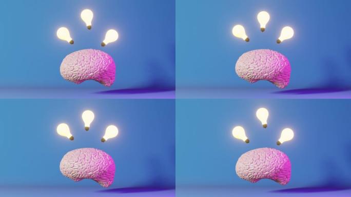 人脑发光灯泡霓虹灯背景3d动画。创意人工智能积极思维情感精神卫生。记忆改善正念教育认知发展