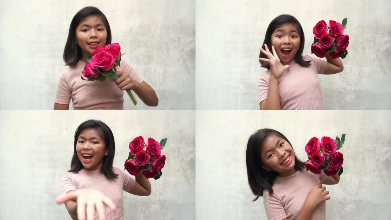 亚洲少女手持一束粉红色的花朵，摆姿势吹一个吻，惊喜，哇!，敬畏的手势，白色的旧墙背景