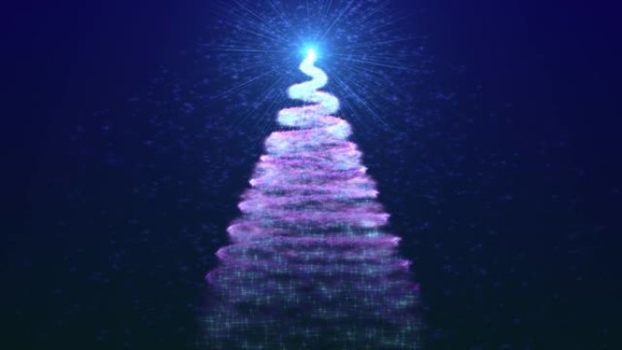 4k圣诞快乐圣诞树动画，带有灯光粒子和星星形状，抽象的新年快乐背景，圣诞礼物和节日装饰