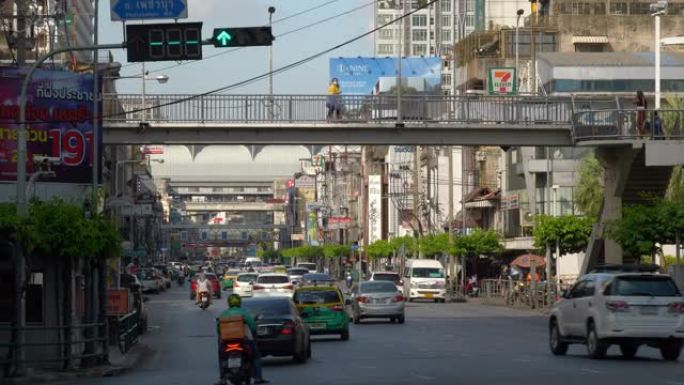 晴天曼谷市中心生活交通街慢动作全景4k泰国