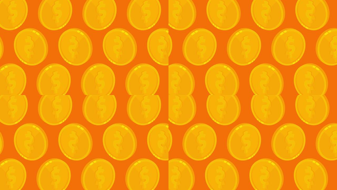 金币在橙色背景上跳舞。