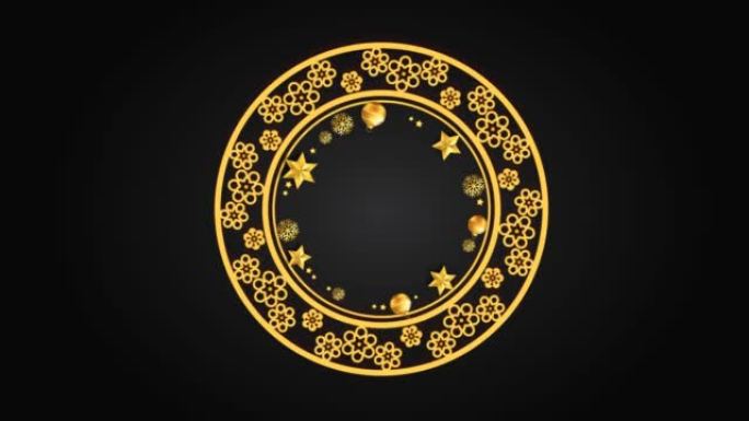 黑色背景上的动画金色装饰花环，用于设计圣诞节或新年模板。
