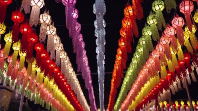 泰国北部的纸灯笼风格。在泰国清迈的泼水节上使用的装饰。4k分辨率。