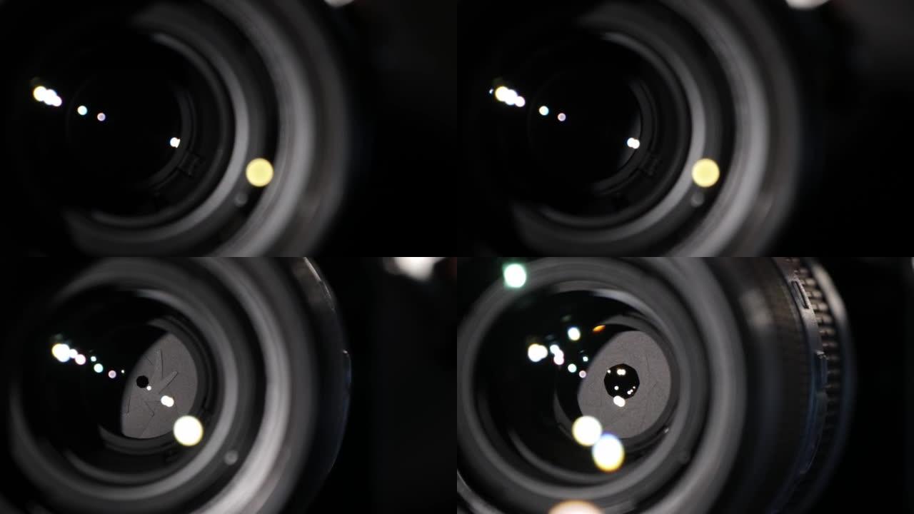 光圈叶片的宏观拍摄。光学玻璃上带有信号弹的相机镜头