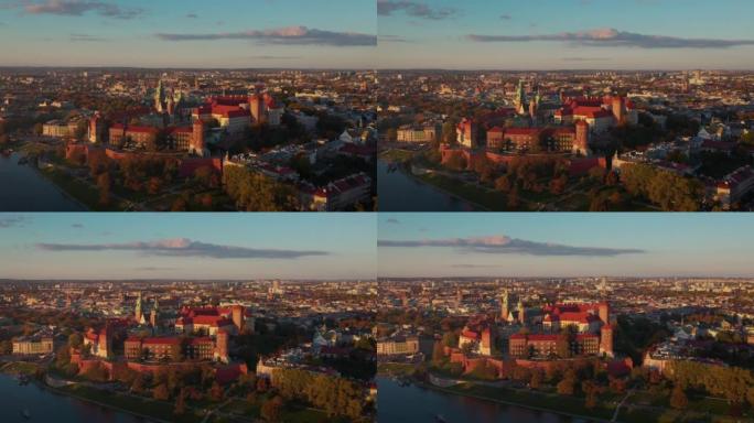 波兰Kraków的鸟瞰图。秋天的日落。Kraków老城和维斯瓦河。