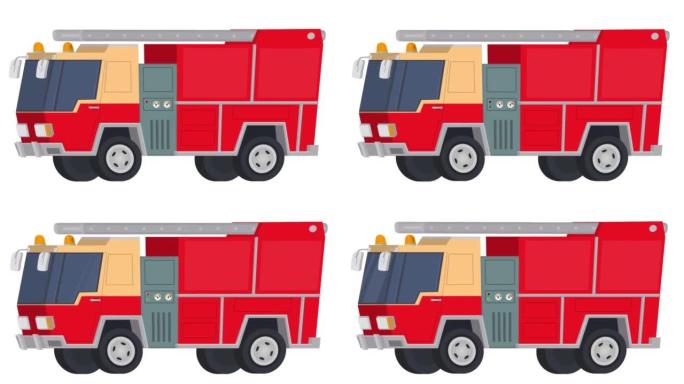 红色消防车。消防运输动画。卡通
