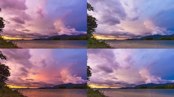 日落时湖上五颜六色的戏剧性天空，Timelaspe视频