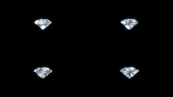 黑色背景上的反射钻石。闪亮的钻石在黑暗的背景上旋转。水晶石和珠宝。3D渲染。无缝循环。