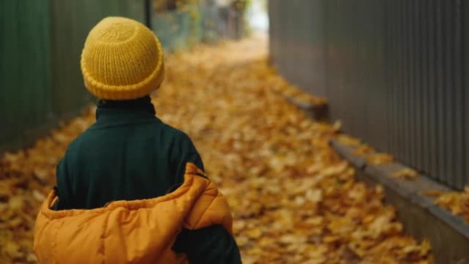 白天，穿着黄色背心和帽子的男孩在秋天沿着绿色篱笆附近的村庄里的灯笼小径穿过树叶。