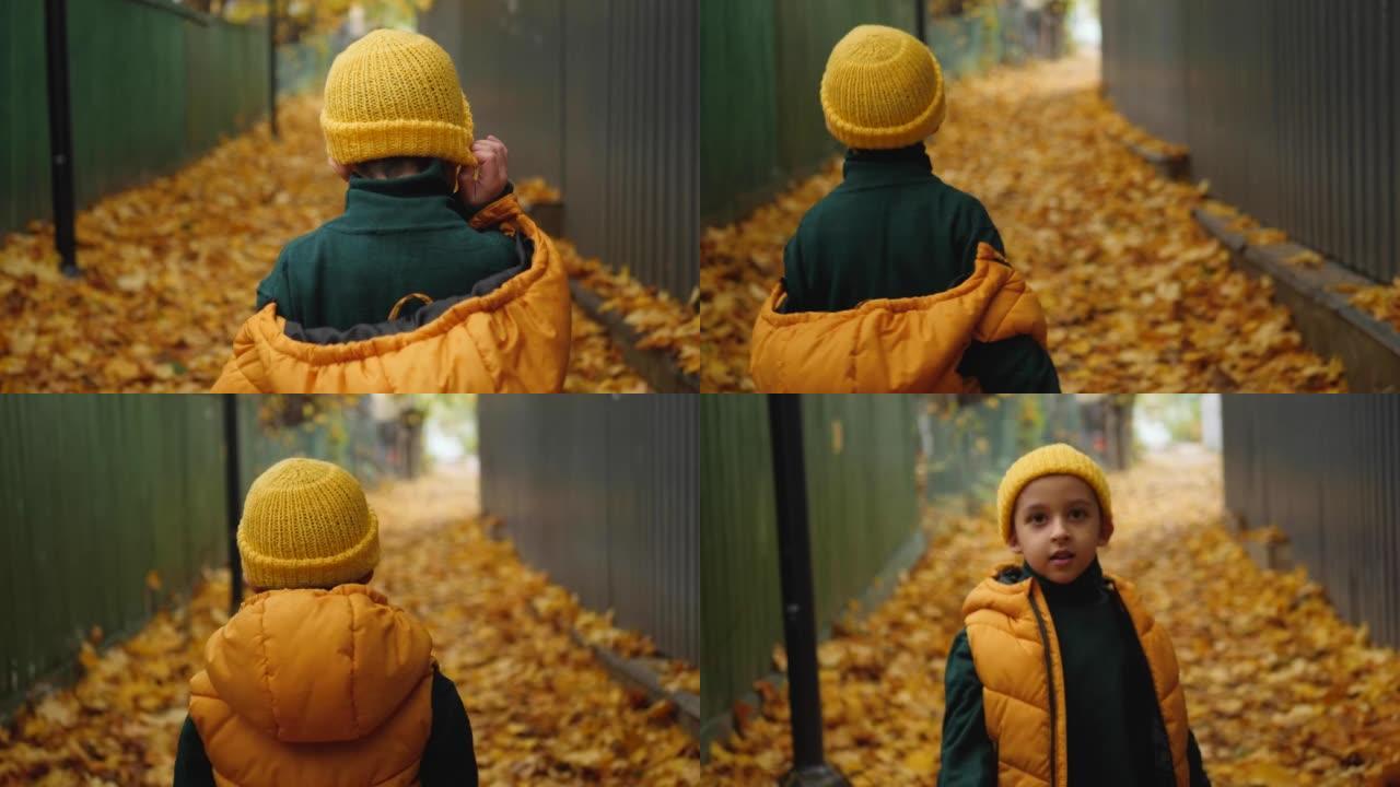 白天，穿着黄色背心和帽子的男孩在秋天沿着绿色篱笆附近的村庄里的灯笼小径穿过树叶。