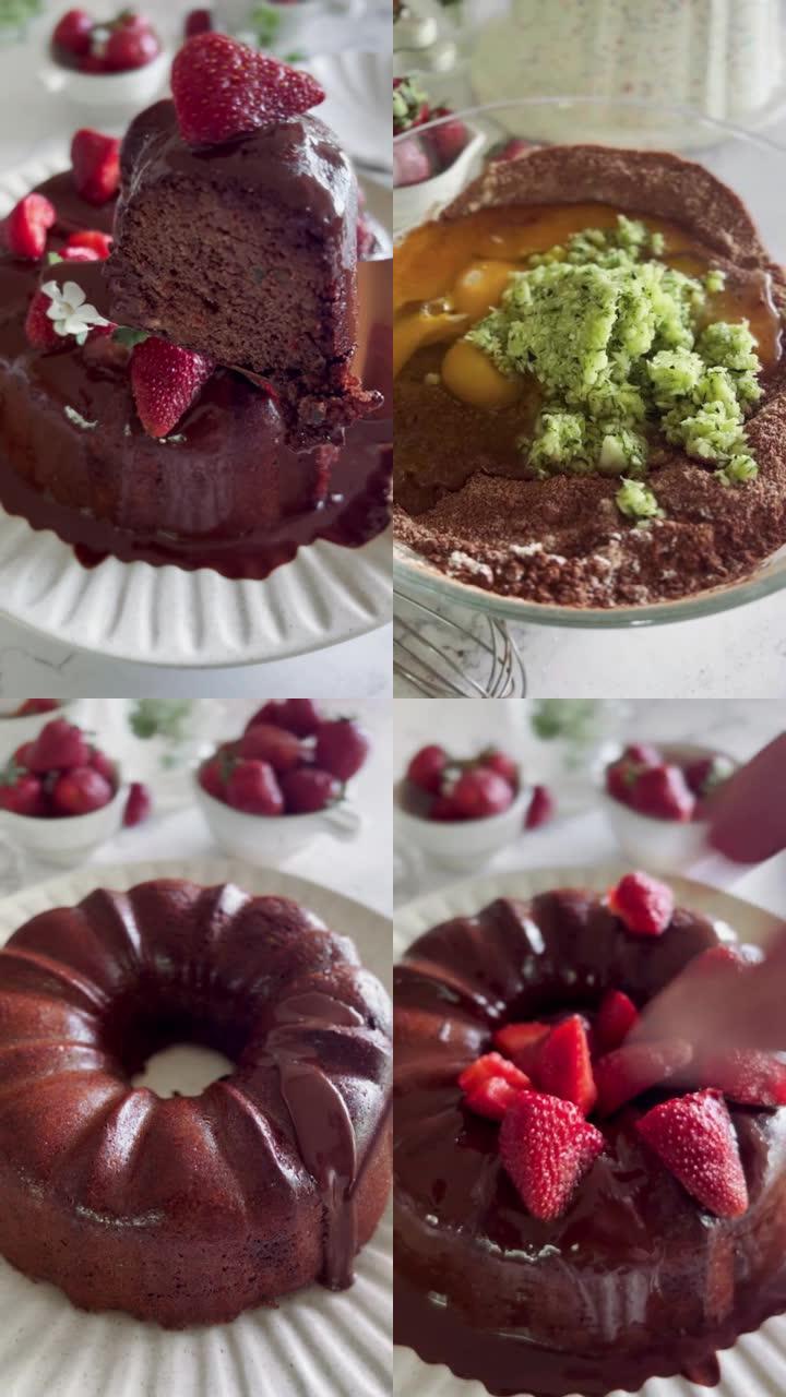 社交媒体的垂直食品圣诞巧克力蛋糕准备博客蒙太奇