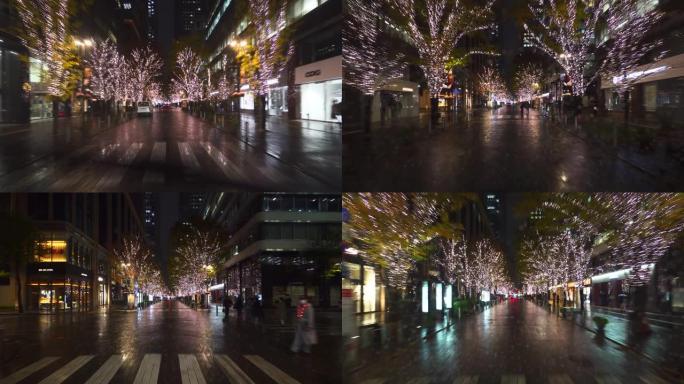 在雨夜开车。东京丸之内圣诞照明