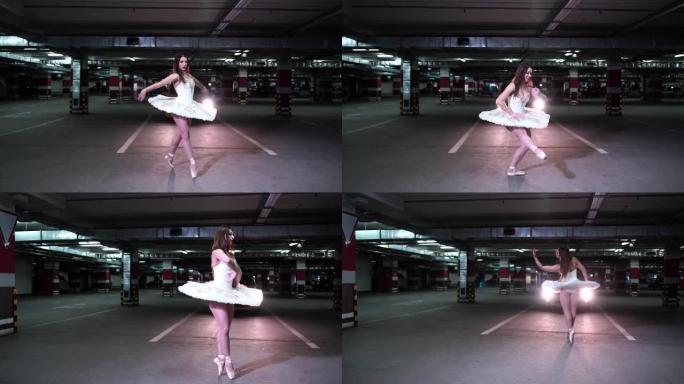 古典芭蕾舞演员在白色图图4k的地下停车场跳舞