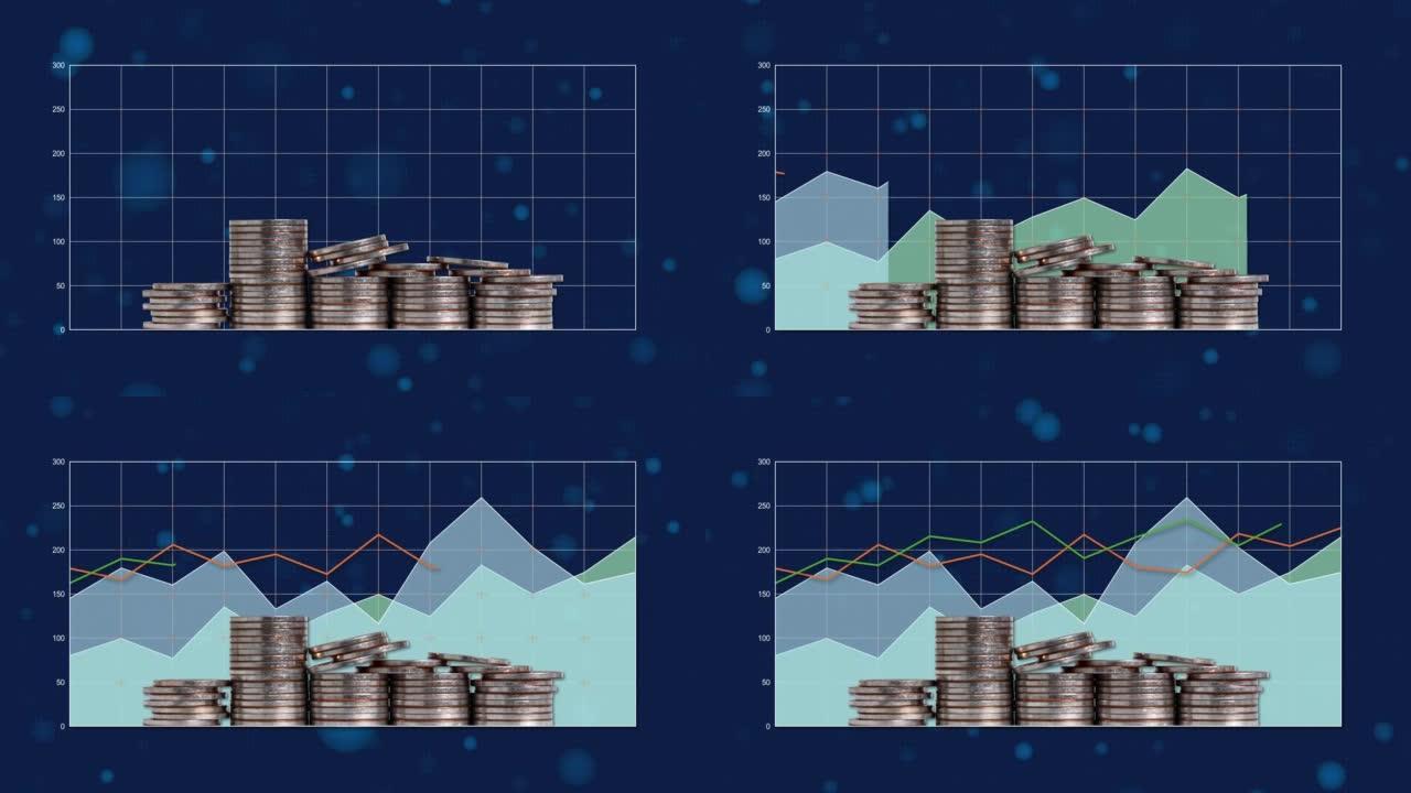一堆带有面积图和折线图的硬币。
