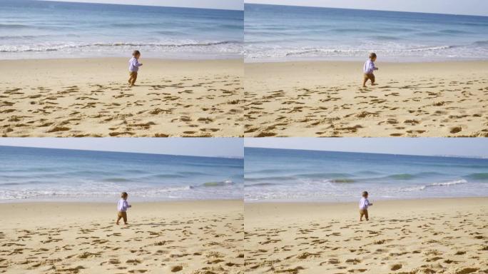 在葡萄牙，一名婴儿学步车发现了沙子并在海滩上散步。