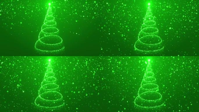 4k快乐圣诞树动画，带有灯光颗粒和雪花，抽象的新年快乐背景，圣诞礼物和节日装饰