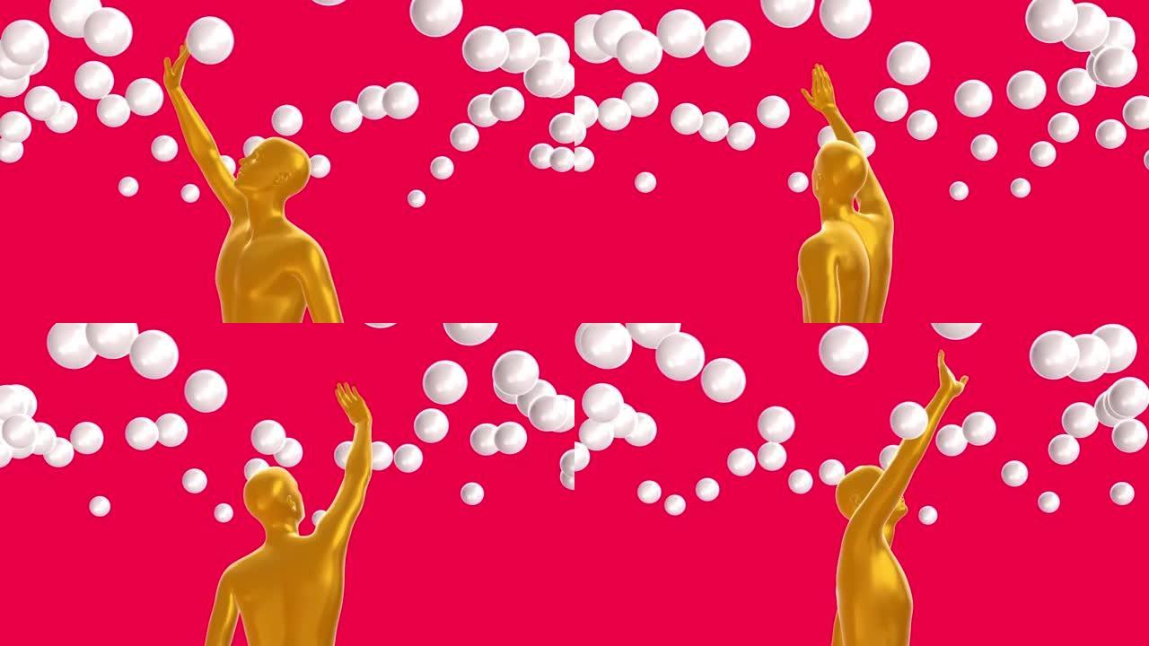 金人的身体用手向红色背景上的飞球伸出。最小抽象图形概念设计。时尚循环动画。