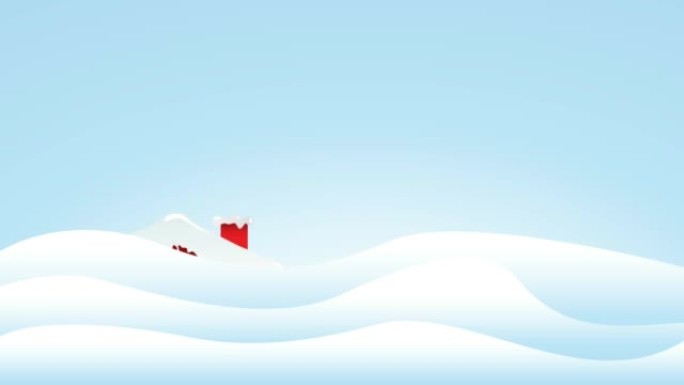 冬天淹没在雪中的红色小屋。山里的假期。带复制空间的动画插图