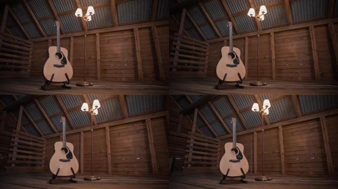 站在落地灯旁边的吉他架上的西方原声吉他。多莉开枪了。木墙。