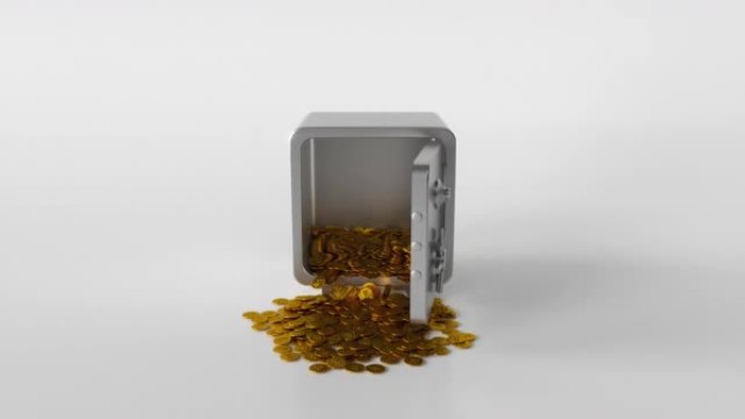 金条金币从打开的保险箱里掉出来。金钱保护和安全概念。3D动画
