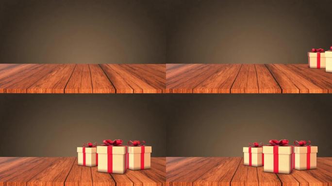 带红丝带的礼品盒在木桌上滑动，带复印空间