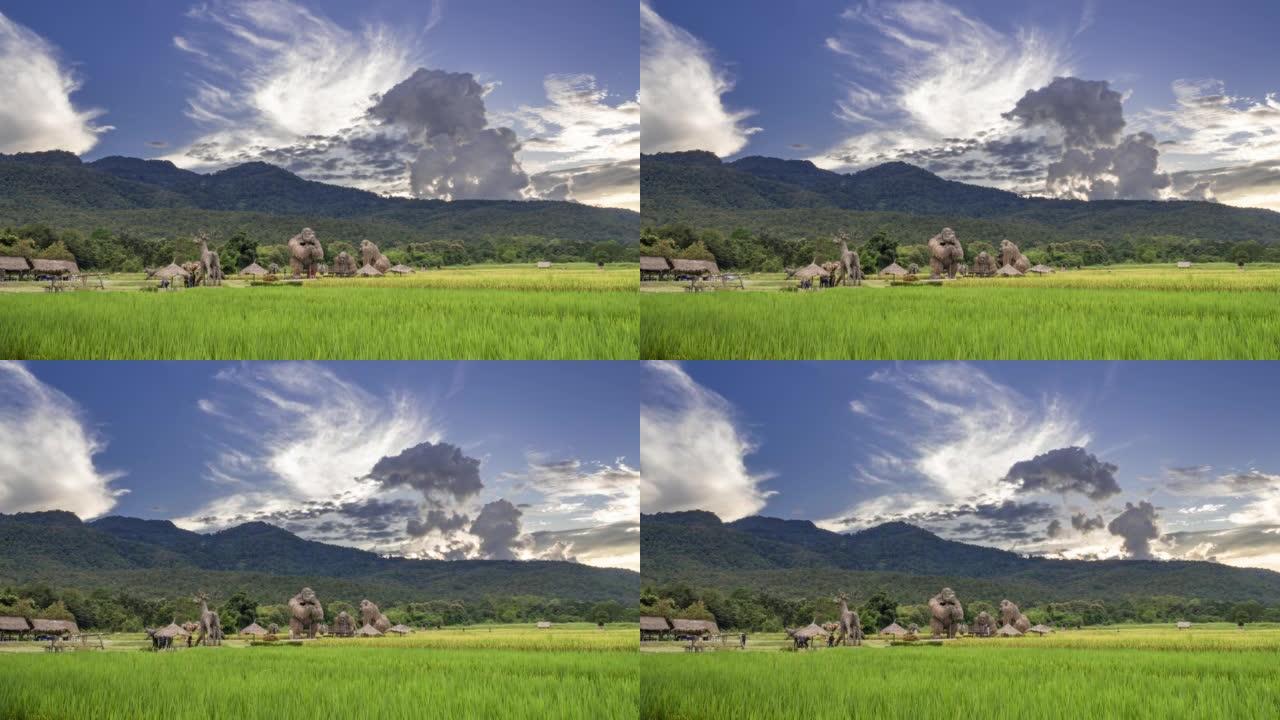 花泰涛著名的大型动物秸秆雕塑的延时视图，周围是稻田和山脉