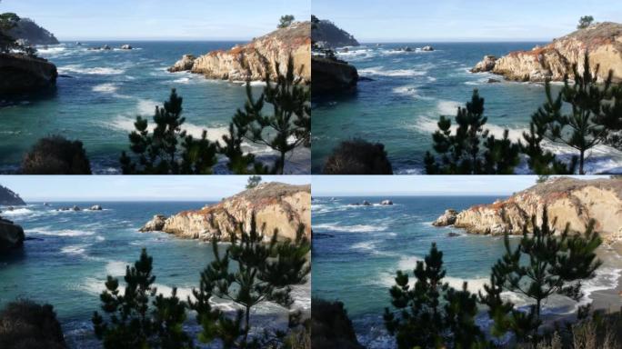 悬崖的岩石峭壁，海洋海滩，波波斯角，加利福尼亚海岸。海浪轰鸣。