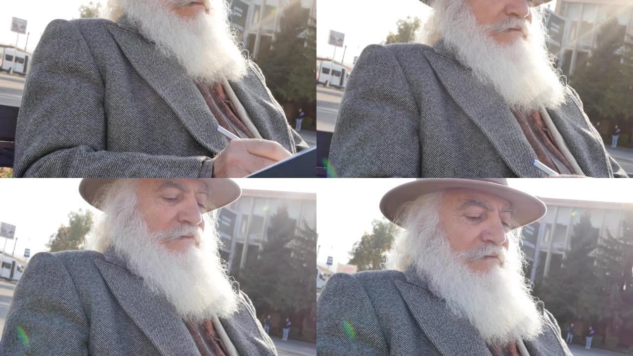 在阳光明媚的日子里，一位戴着帽子和外套的白发大胡子的老年教授坐在户外的长凳上，在笔记本上写了一张纸条