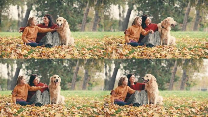 母女在秋季公园抚摸金色的rertriever狗