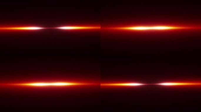 循环光学耀斑发出橙色红色光学光线会聚在电影预告片的黑色抽象背景镜头的中心