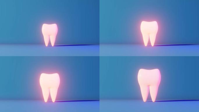 牙痛3D循环动画霓虹灯浅蓝色背景。白色健康牙齿模式磨牙与疼痛。全国牙医日智齿拔牙口腔护理恢复。牙科保