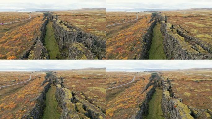 两个构造板块的山脊彼此远离，冰岛Thingvellir