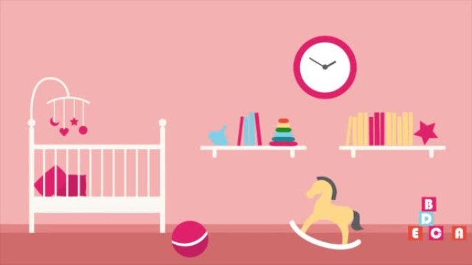 带有不同玩具和挂在墙上的手表的婴儿卧室的2D动画