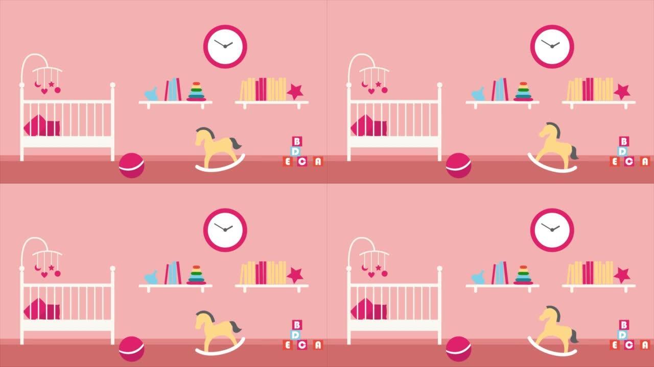 带有不同玩具和挂在墙上的手表的婴儿卧室的2D动画