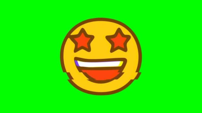 绿色背景上的明星触击表情故障效果。表情符号运动图形。