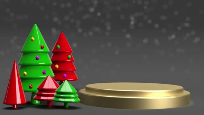 雪花落在动画圣诞装饰和金色领奖台上