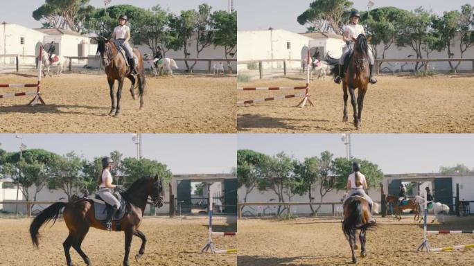 一名年轻骑手在骑术学校进行马术盛装舞步练习的4k视频